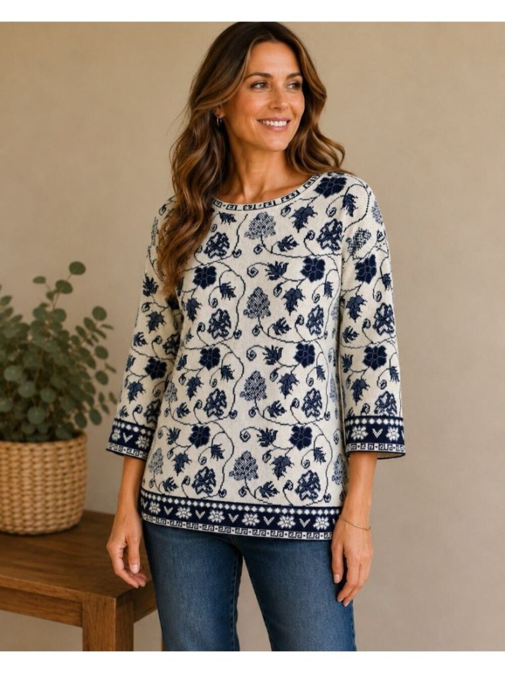 Vintage Tunic Length Sweater Women M Blue White Willow English Cottagecore Knit